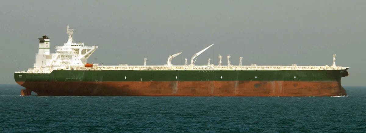 U.S. Navy photograph of supertanker AbQaiq, a very large crude carrier VLCC, at sea in open water