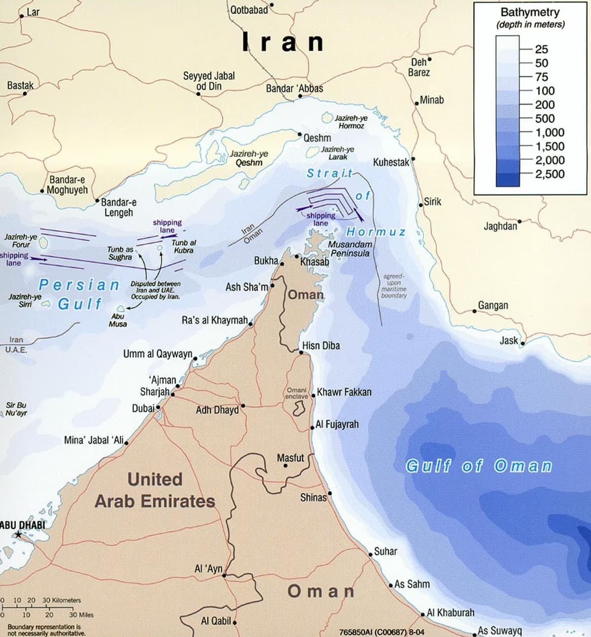 Map of the Strait of Hormuz showing international shipping lanes and maritime boundaries