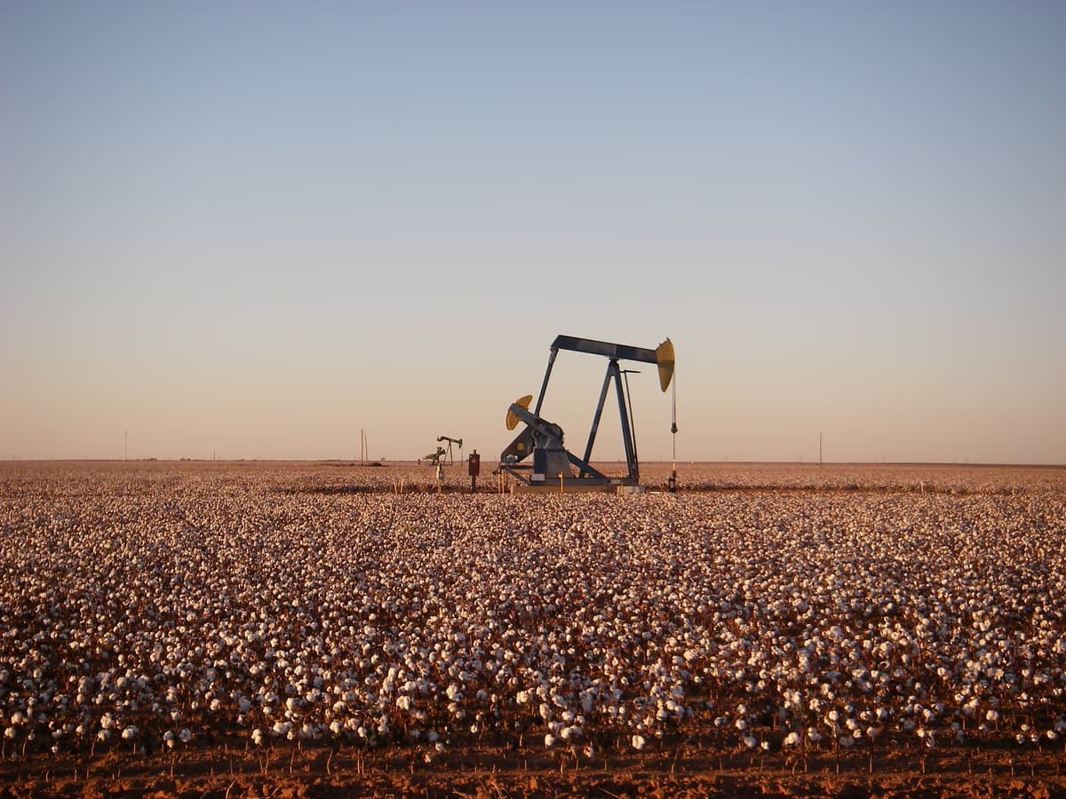 Active oil pumpjack operating in the Permian Basin near Andrews, Texas