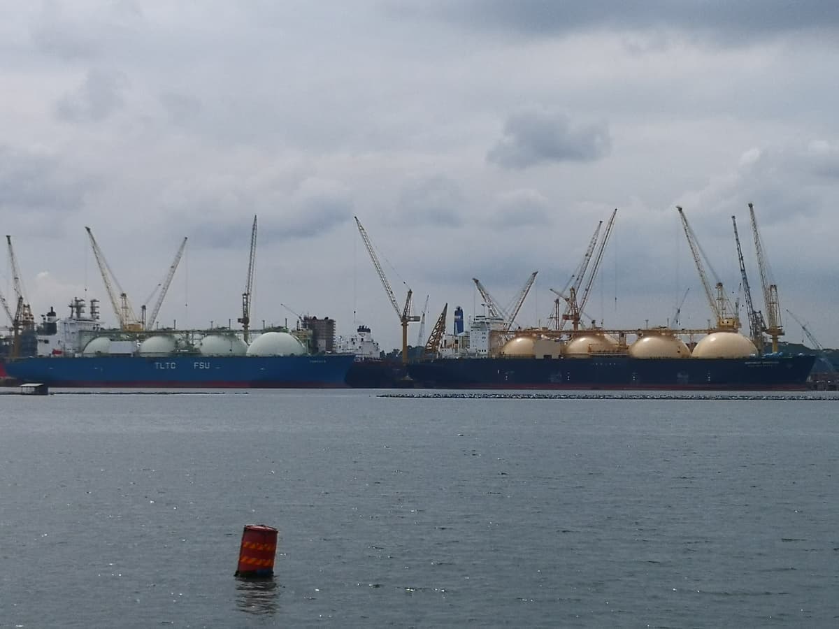 LNG carrier vessels anchored in the Sembawang waterway near Singapore in December 2021