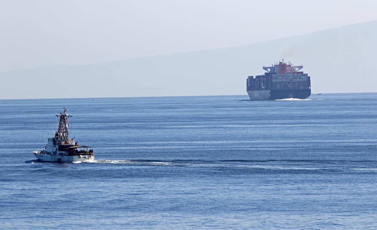 US Coast Guard cutter transiting the Strait of Hormuz with container ship in background