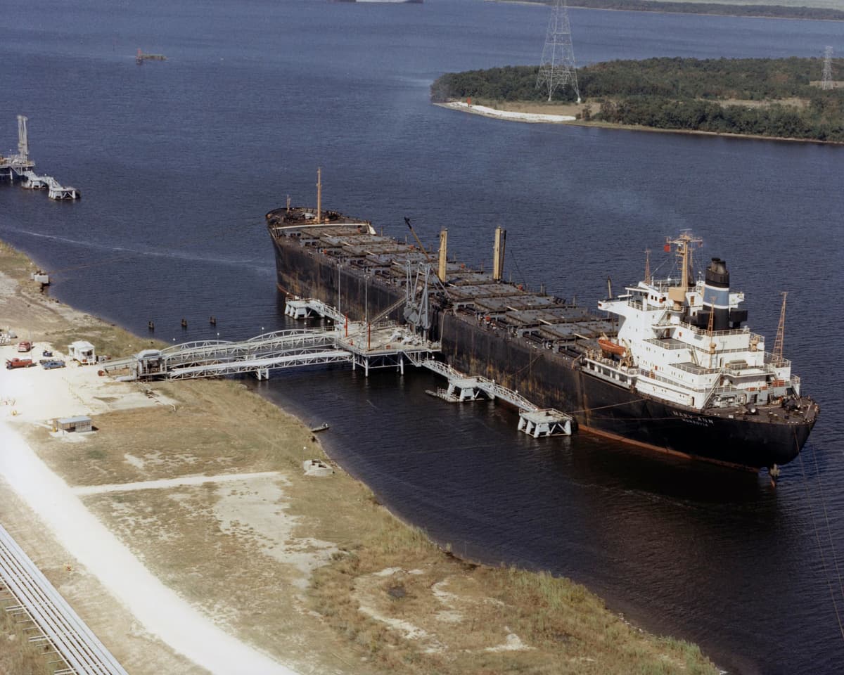 Oil tanker unloading crude into the US Strategic Petroleum Reserve storage facility near Nederland Texas