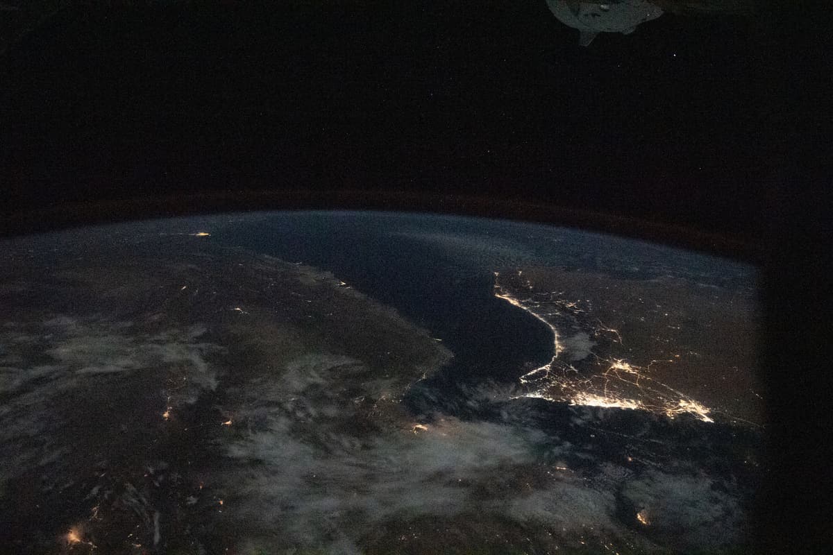 Nighttime satellite view of the Persian Gulf and Strait of Hormuz from the ISS