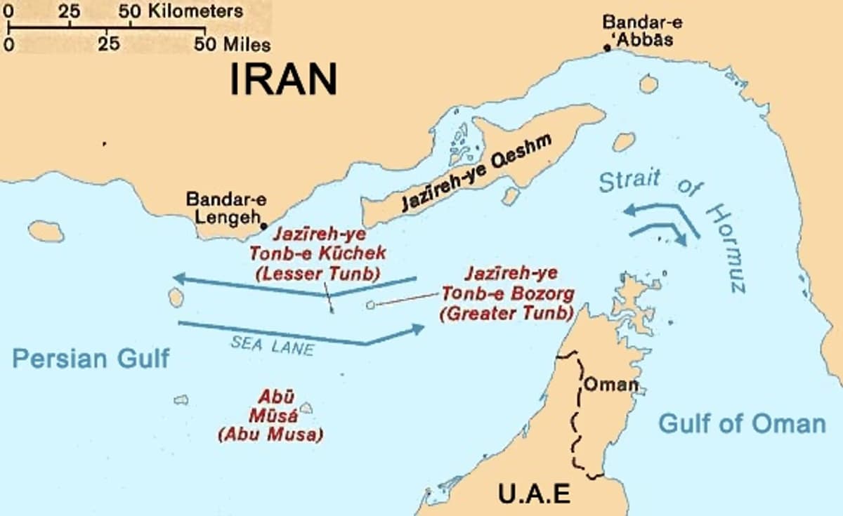 Map of the Strait of Hormuz between Iran and Oman showing shipping transit lanes