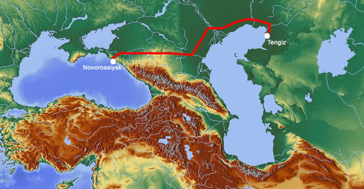 Map showing Caspian Pipeline Consortium route from Tengiz Kazakhstan to Novorossiysk Russia Black Sea
