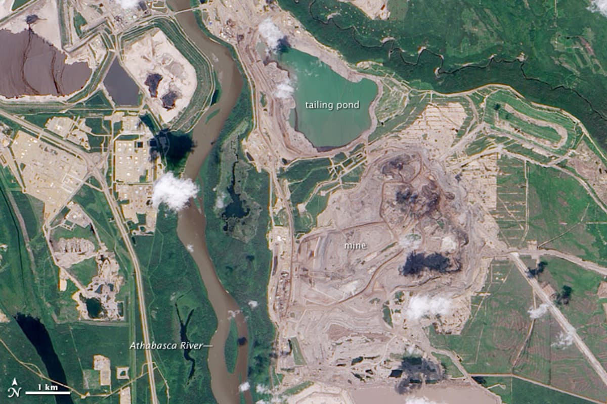 Aerial view of Athabasca oil sands surface mining operations in northeastern Alberta, Canada