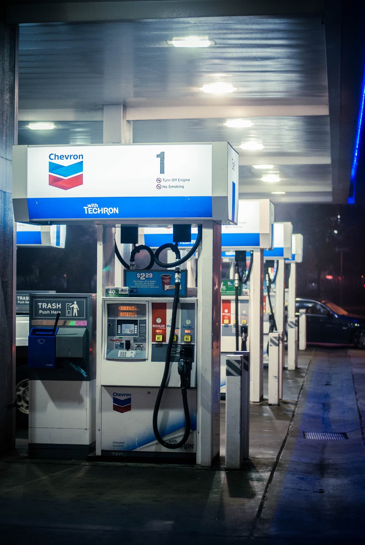 Chevron branded gasoline pump station at early morning in Castro Valley California