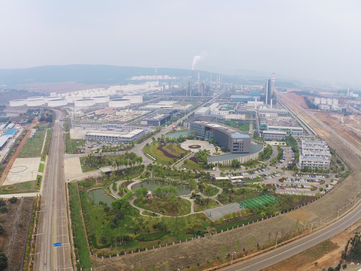 Aerial view of PetroChina Yunnan Petrochemical Company refinery complex in Anning, Yunnan province