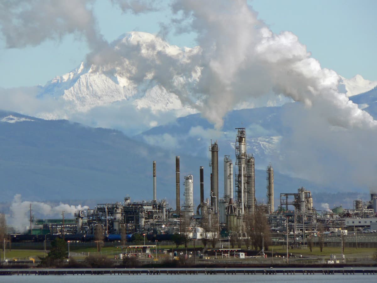 Aerial view of the Anacortes crude oil refinery with petroleum storage tanks in western Washington State