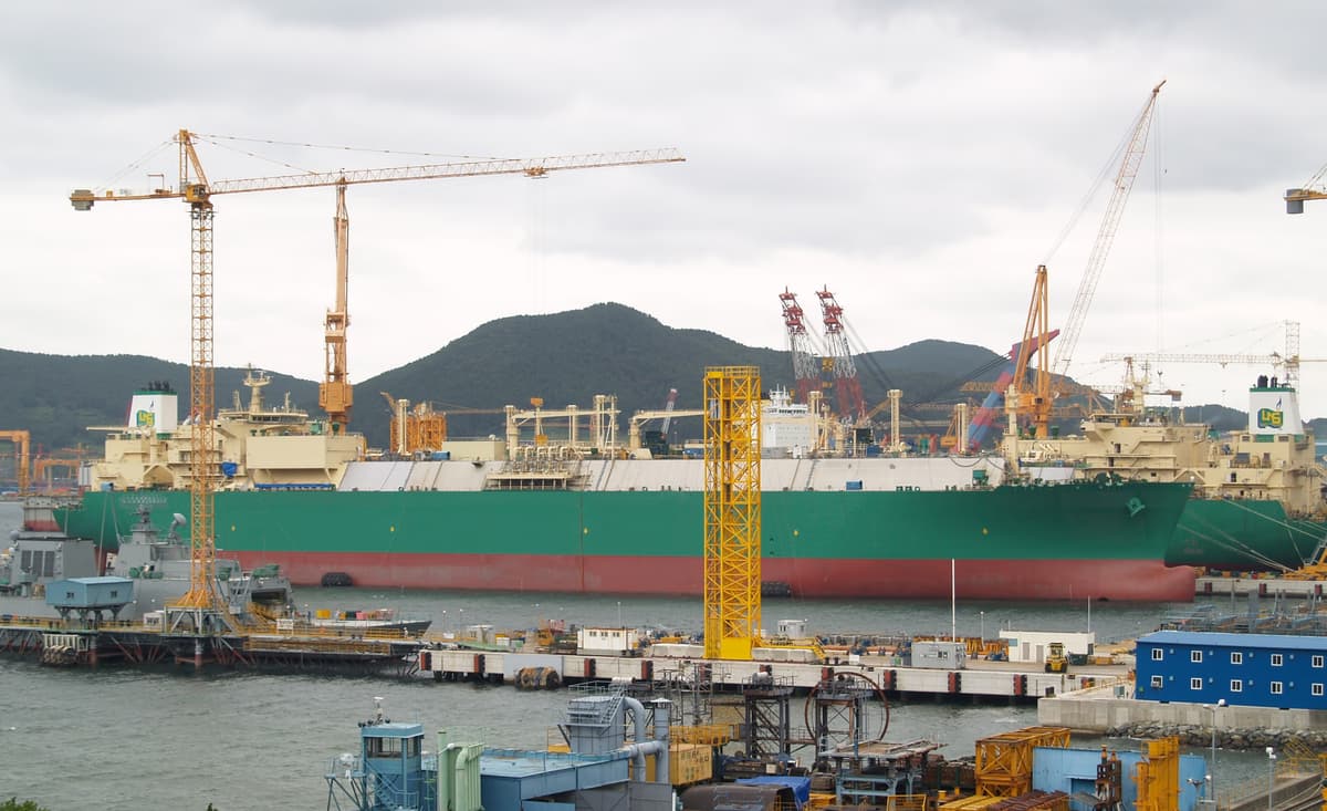 Two LNG natural gas carrier vessels under construction at a Korean DSME shipyard