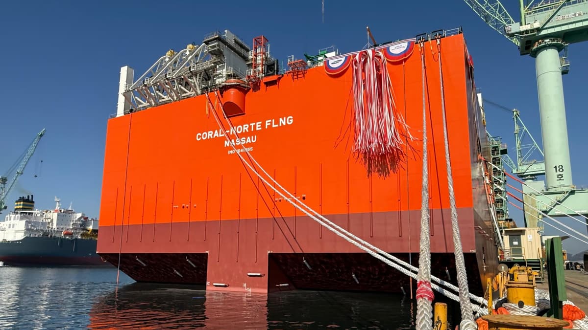 Coral North FLNG vessel during hull launch at Hyundai Heavy Industries shipyard in Geoje South Korea January 2026