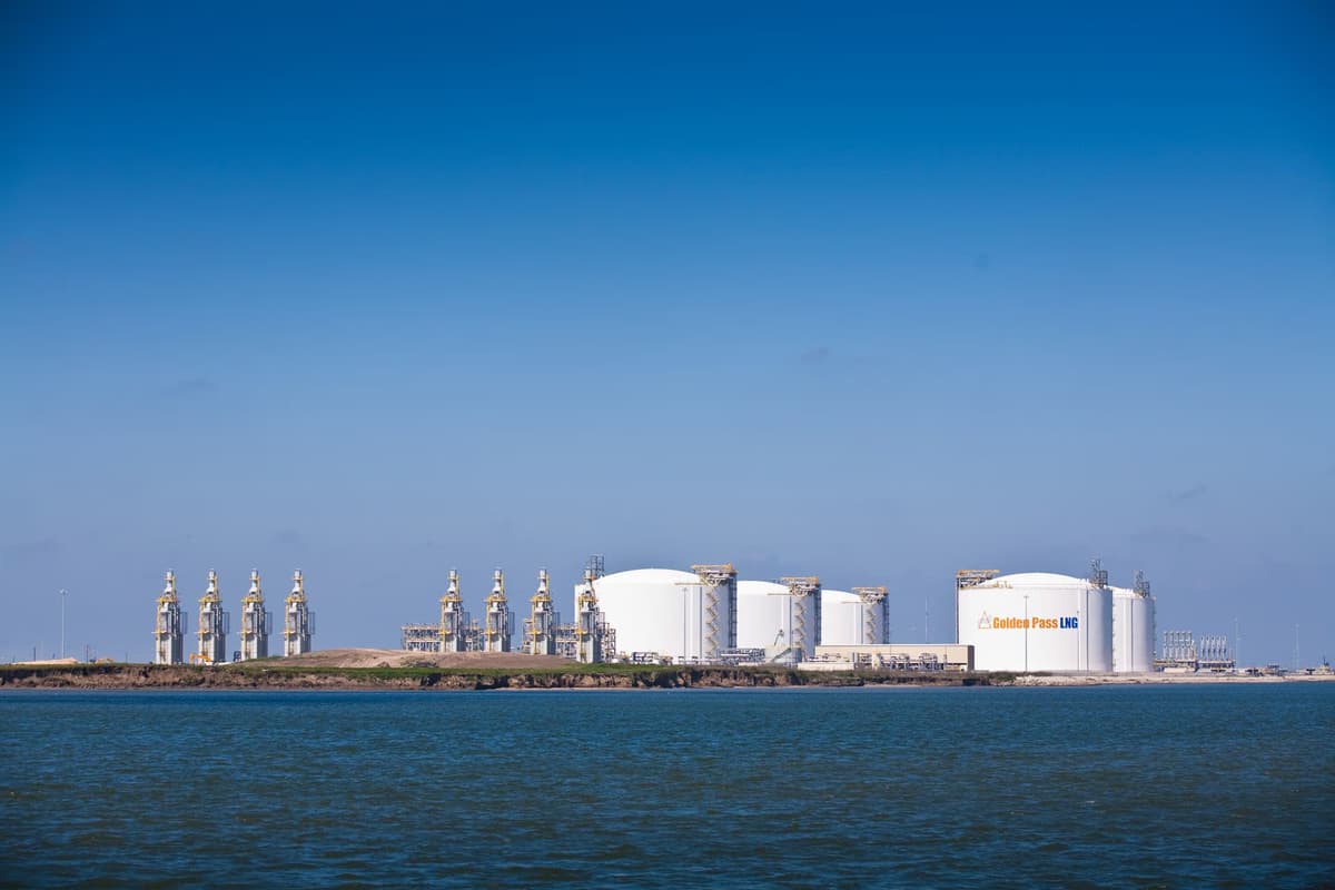 Aerial photograph of the Golden Pass LNG export terminal at Sabine Pass, Texas, showing liquefaction trains and marine berths