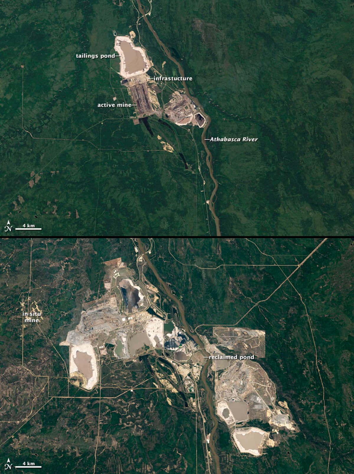 NASA Landsat satellite view of Athabasca oil sands mining operations in Alberta Canada May 2011