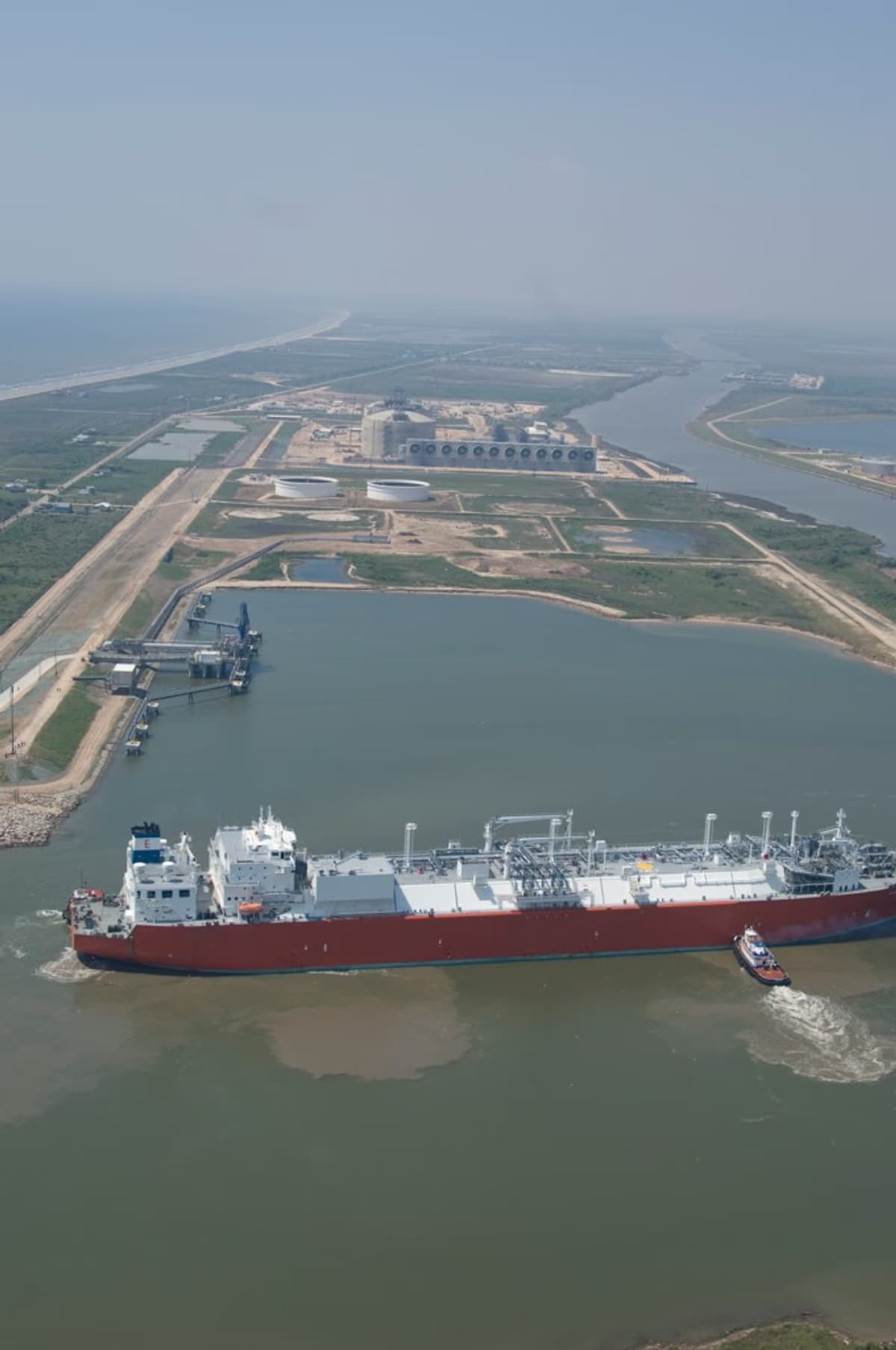 LNG carrier vessel approaching the Freeport LNG export terminal on the Texas Gulf Coast