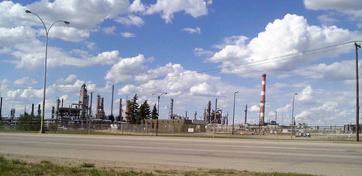 Imperial Oil Strathcona refinery in Edmonton viewed from the Baseline Road entrance, with processing units and storage tanks