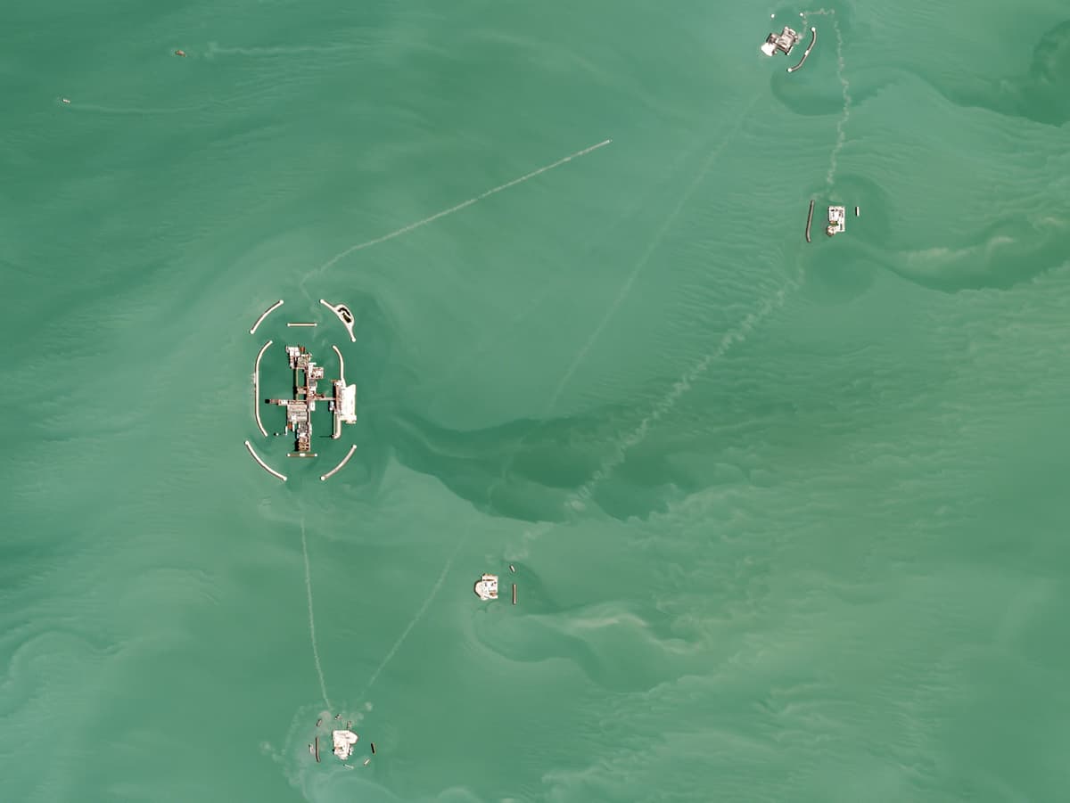 Satellite photograph of the Kashagan oil field facility in the Caspian Sea off Kazakhstan