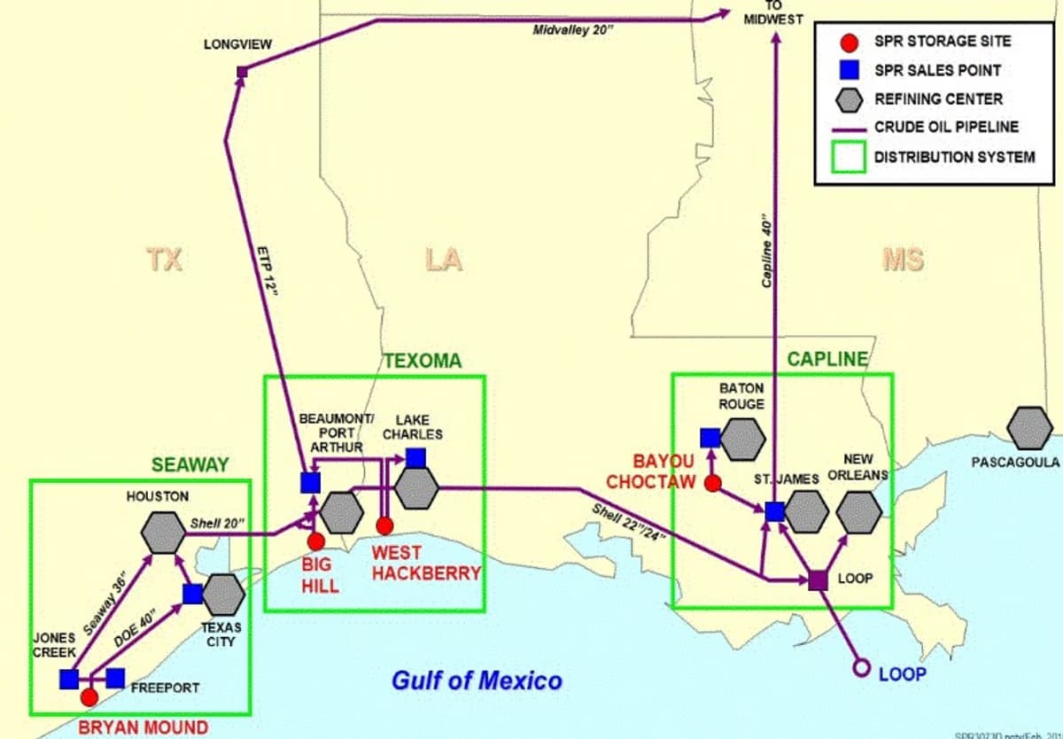 Map of US Strategic Petroleum Reserve storage locations in Louisiana and Texas