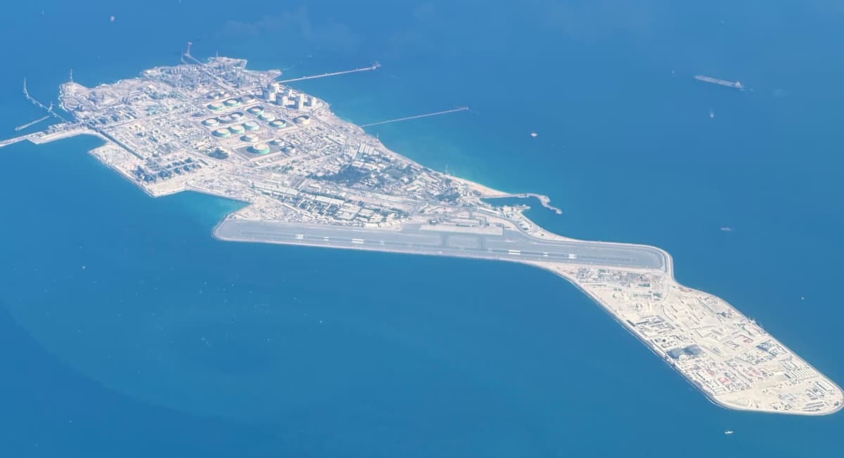 Aerial view of Das Island oil and gas processing hub in the Persian Gulf, Abu Dhabi UAE