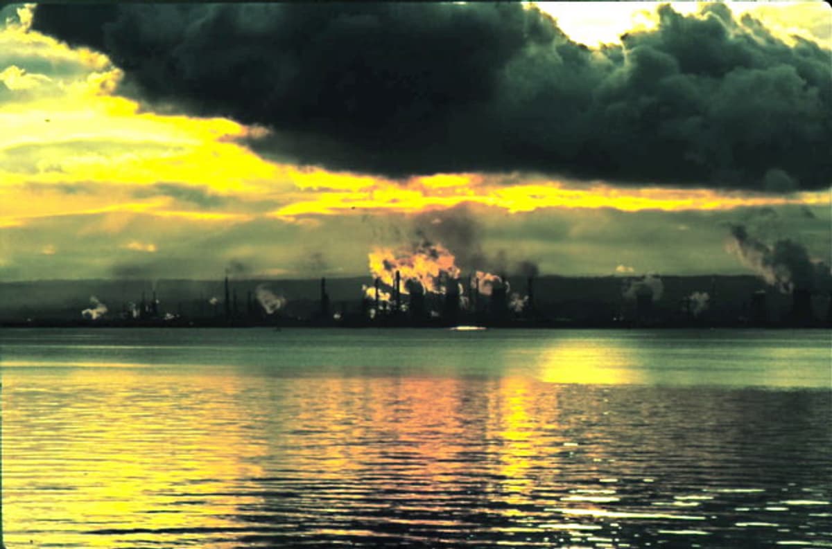 Grangemouth oil refinery viewed across Firth of Forth in Scotland United Kingdom