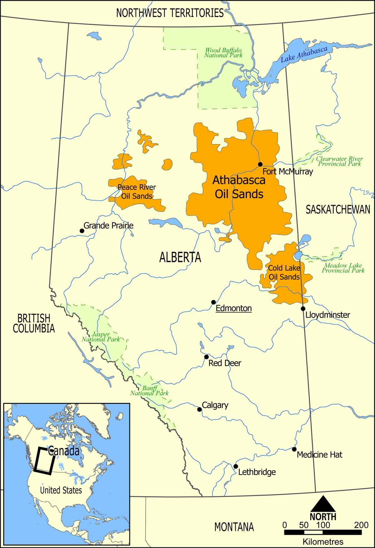 Map showing Athabasca Cold Lake and Peace River oil sands deposits across Alberta Canada