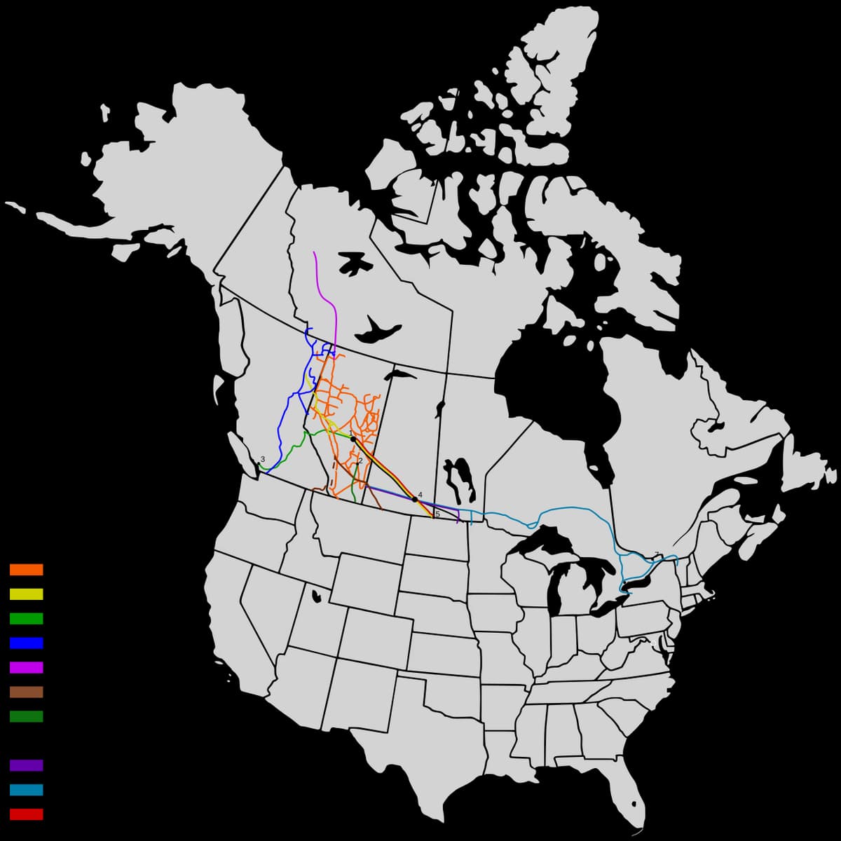 Map of Alberta federally regulated pipelines with Trans Mountain shown in green across western Canada