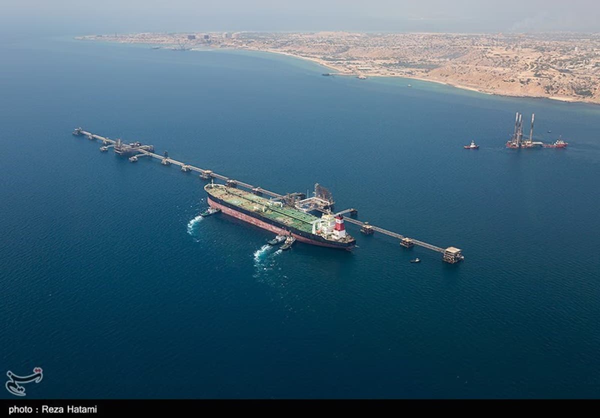 Aerial view of Kharg Island Iran oil export terminal in the Persian Gulf showing tanker loading infrastructure