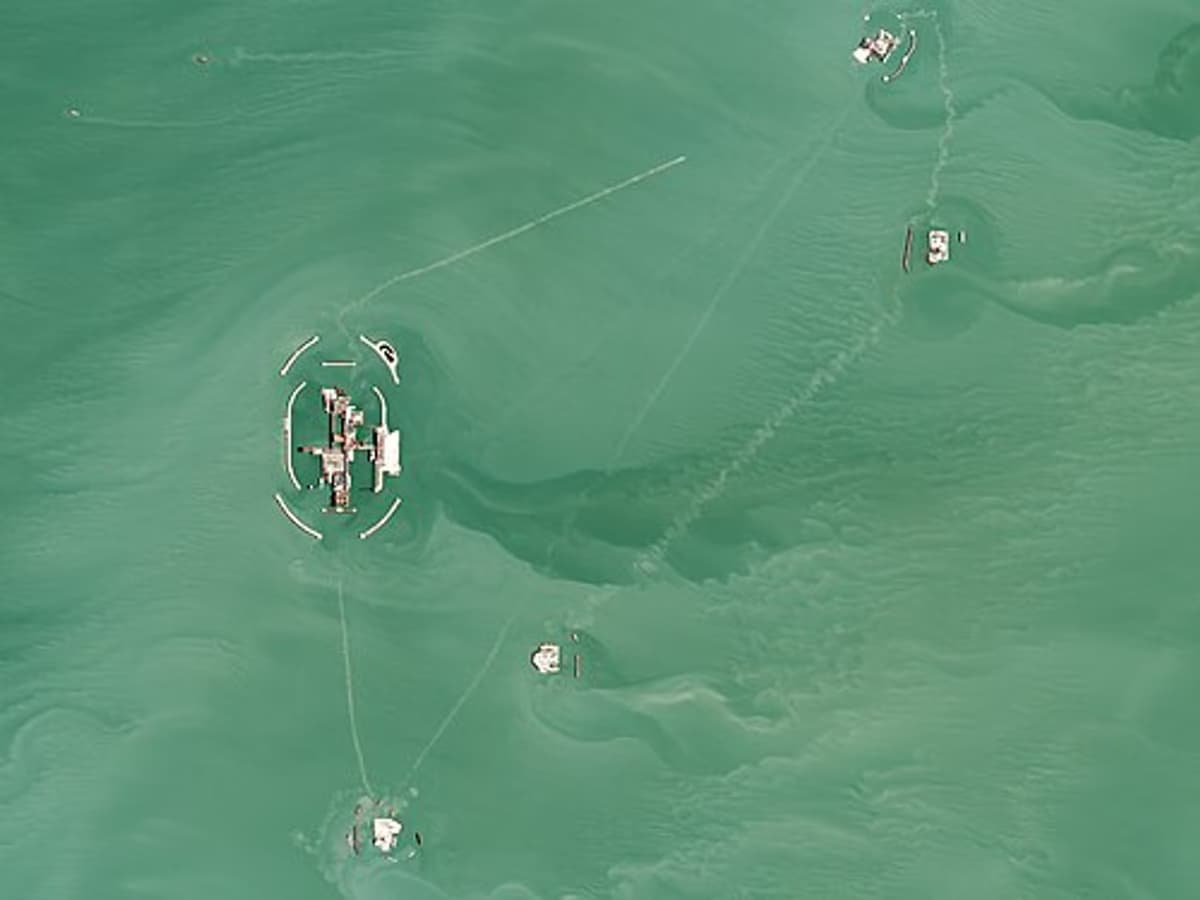 Aerial satellite view of Kashagan oil field artificial islands and production infrastructure in Kazakhstan's Caspian Sea