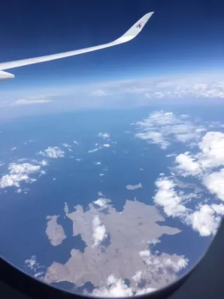 Aerial photograph of the Strait of Hormuz from 35000 feet showing the strategic waterway between Iran and Oman