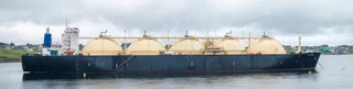 LNG tanker GULF ENERGY moored in the Karmsundet Strait near Avaldsnes, Norway
