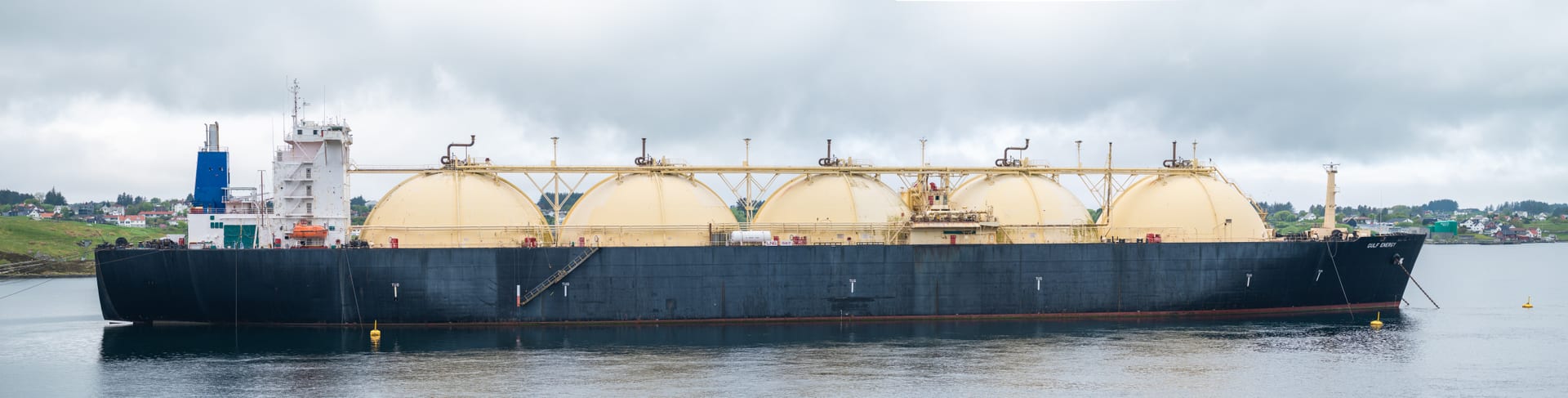 LNG tanker GULF ENERGY moored in the Karmsundet Strait near Avaldsnes, Norway