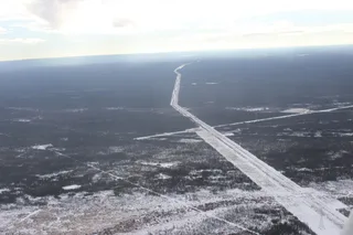 Aerial view of pipeline rights of way in Alberta's Long Lake oil sands region