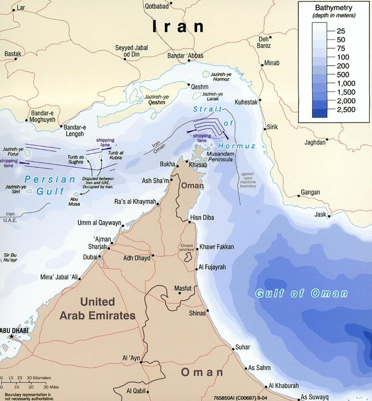 Map of the Strait of Hormuz showing international shipping lanes and maritime boundaries