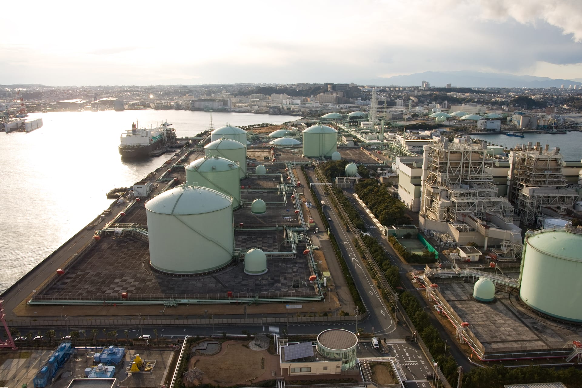 Negishi LNG terminal storage tanks and processing facilities in Yokohama Japan