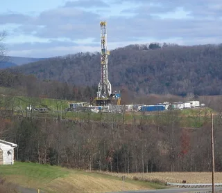 Rotary drilling tower for horizontal Marcellus Shale natural gas wells in Lycoming County Pennsylvania