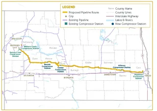 WBI Energy Bakken East Pipeline route map running from Watford City to Mapleton across North Dakota