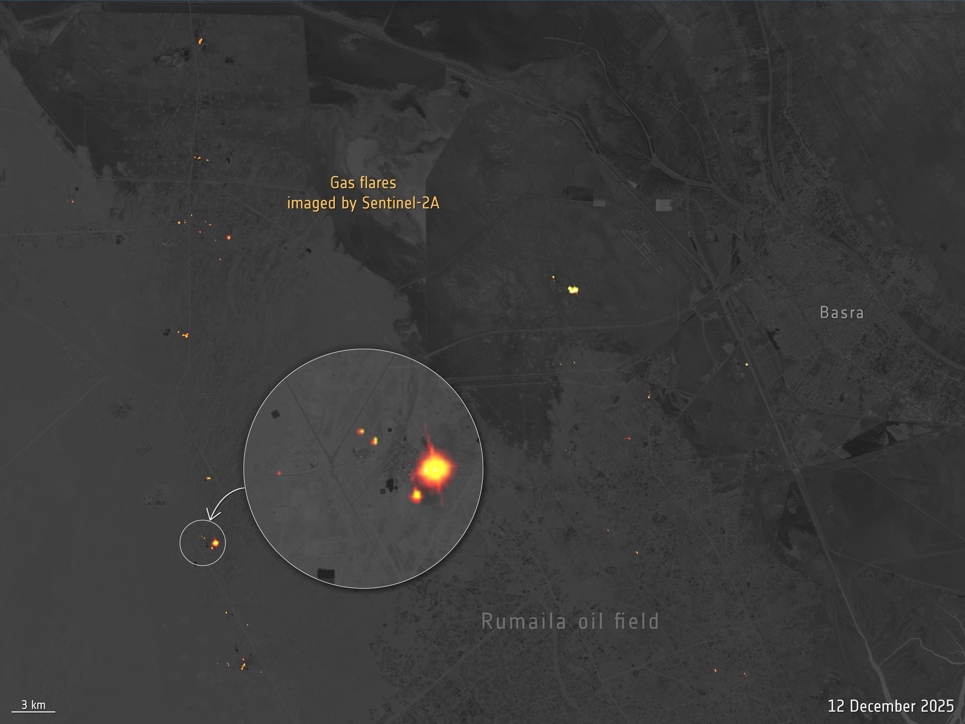 ESA Sentinel-2A satellite image showing gas flares burning at Iraqi oil fields in the Basra region