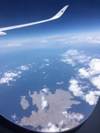 Aerial photograph of the Strait of Hormuz between Iran and Oman taken from 35,000 feet altitude