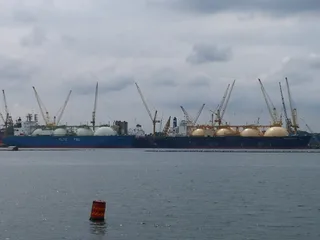 LNG carrier vessels anchored in the Sembawang waterway near Singapore in December 2021