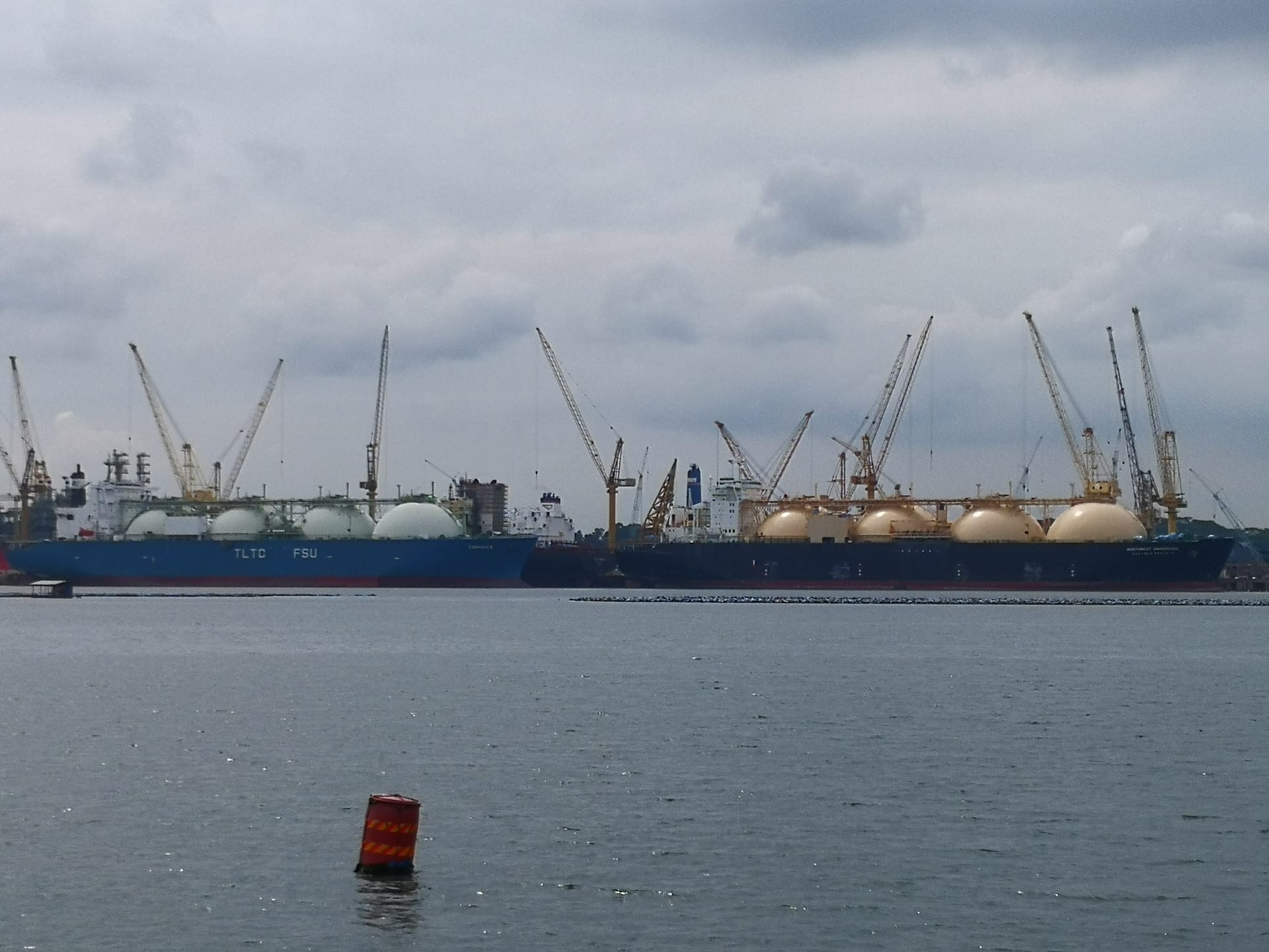 LNG carrier vessels anchored in the Sembawang waterway near Singapore in December 2021