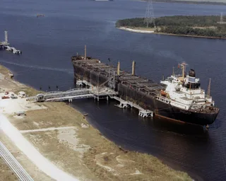 Oil tanker unloading crude into the US Strategic Petroleum Reserve storage facility near Nederland Texas
