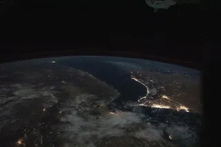Nighttime satellite view of the Persian Gulf and Strait of Hormuz from the ISS