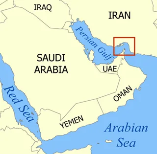 Map of the Strait of Hormuz at the entrance to the Persian Gulf