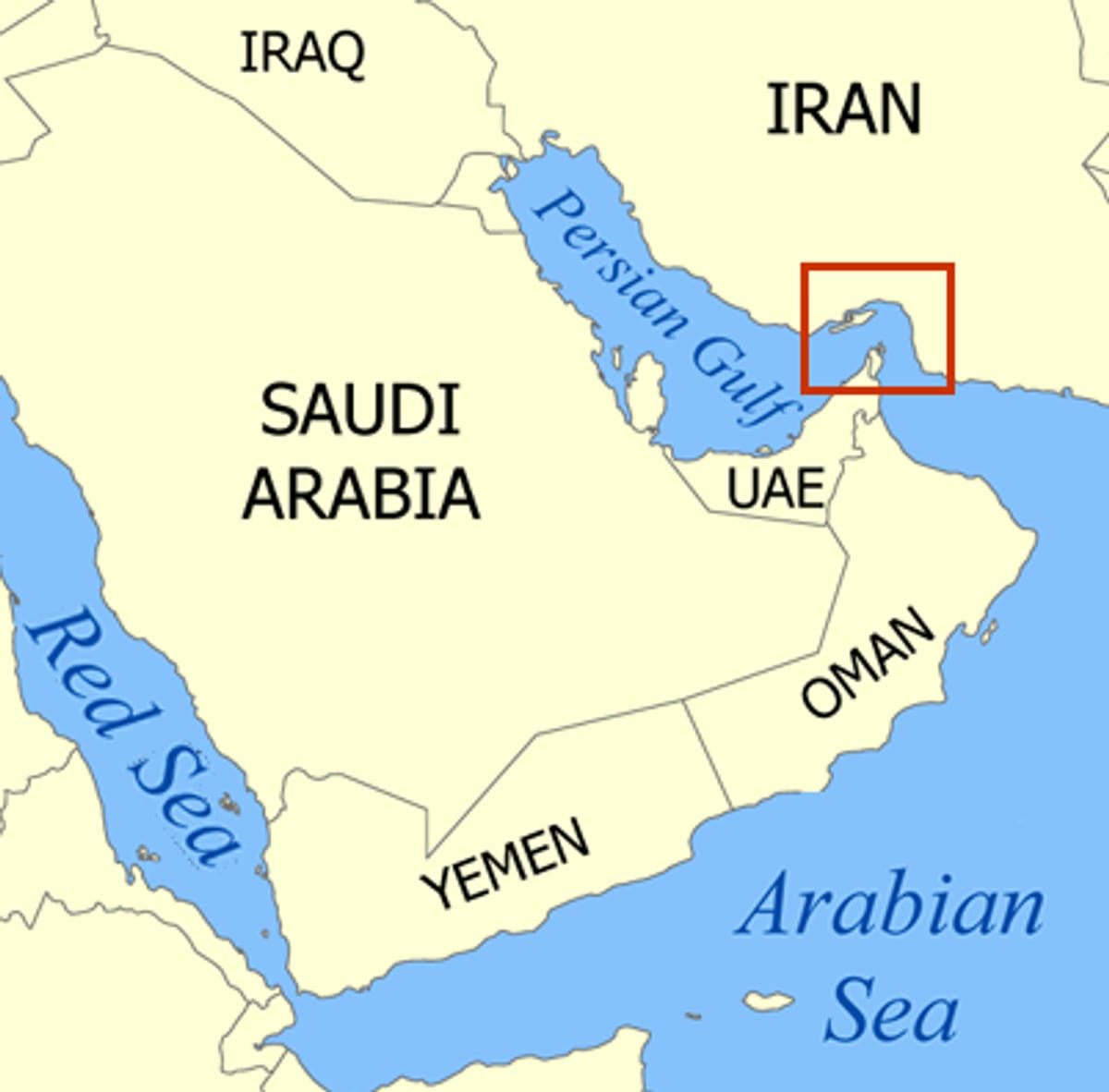 Map of the Strait of Hormuz at the entrance to the Persian Gulf