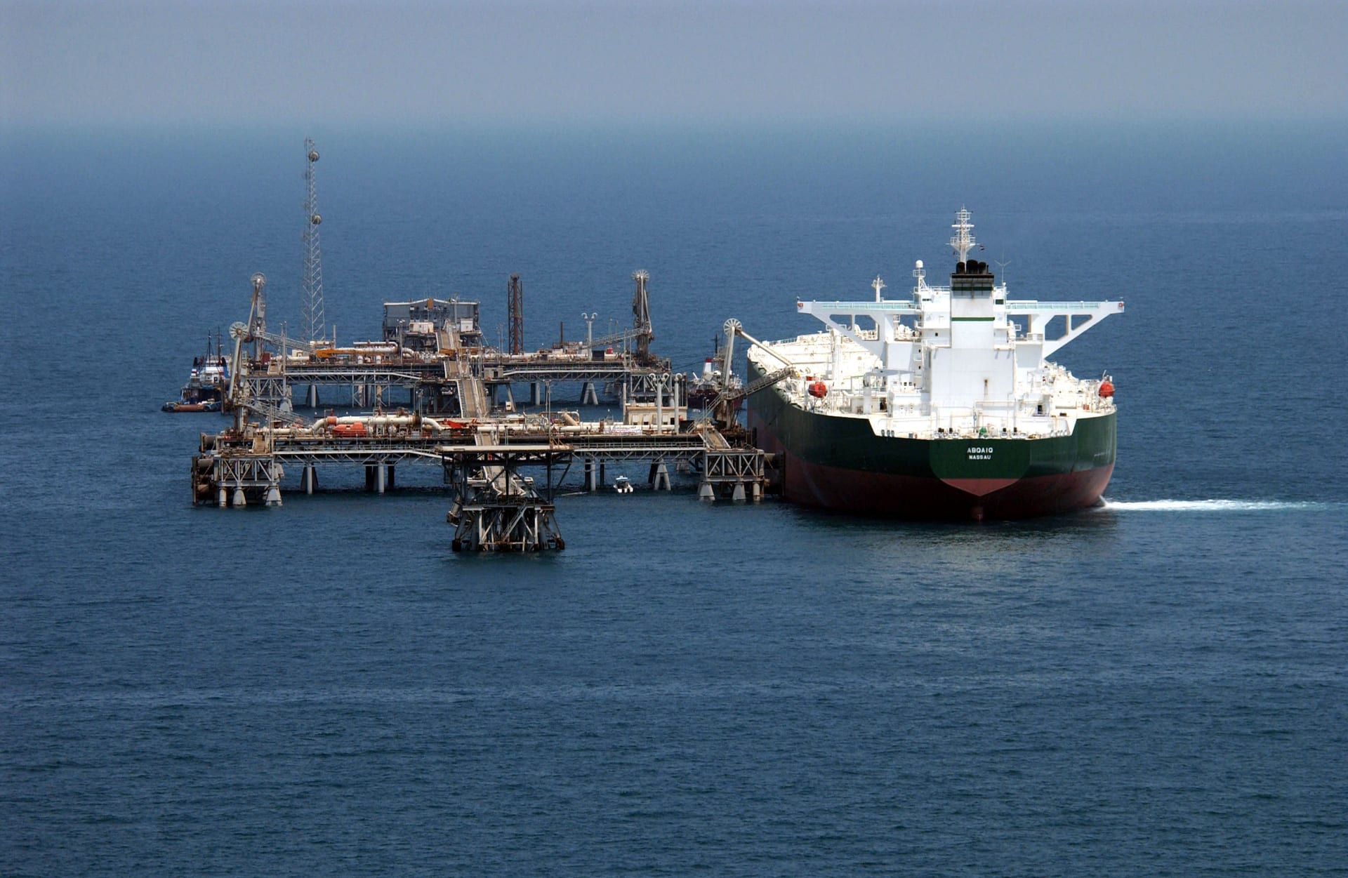 Oil tanker loading crude at Al Basrah Oil Terminal in the Persian Gulf