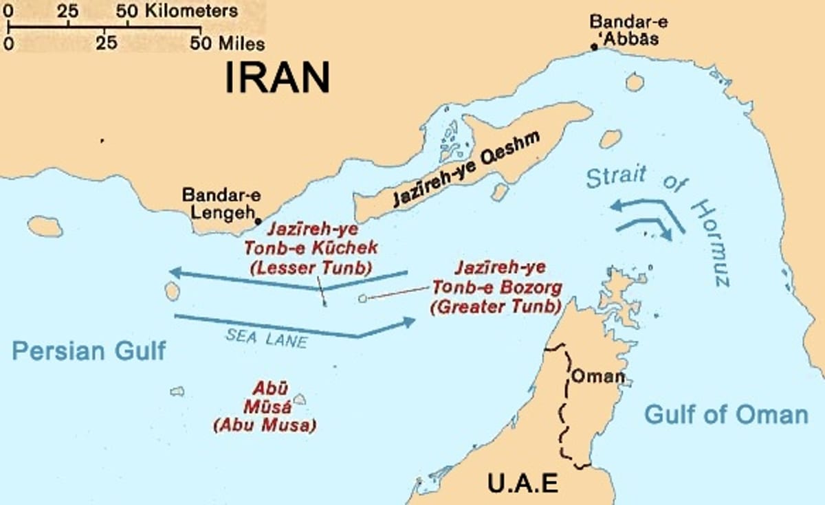 Map of the Strait of Hormuz between Iran and Oman showing shipping transit lanes
