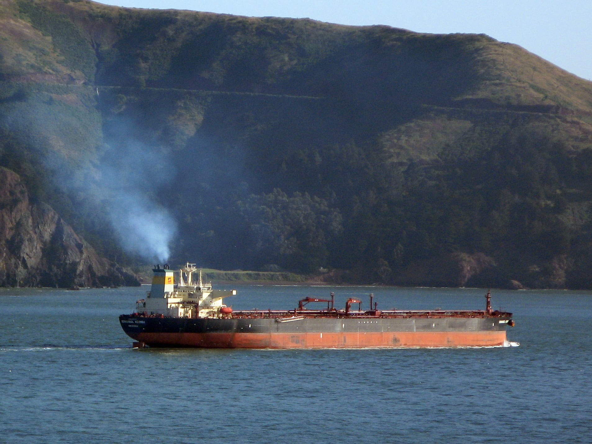 Sonangol-branded Kizomba oil tanker vessel anchored offshore representing Angola's national oil company that supplies feedstock to the Cabinda refinery
