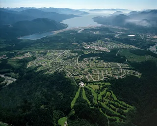 Aerial view of Kitimat townsite and the Douglas Channel on the British Columbia coast