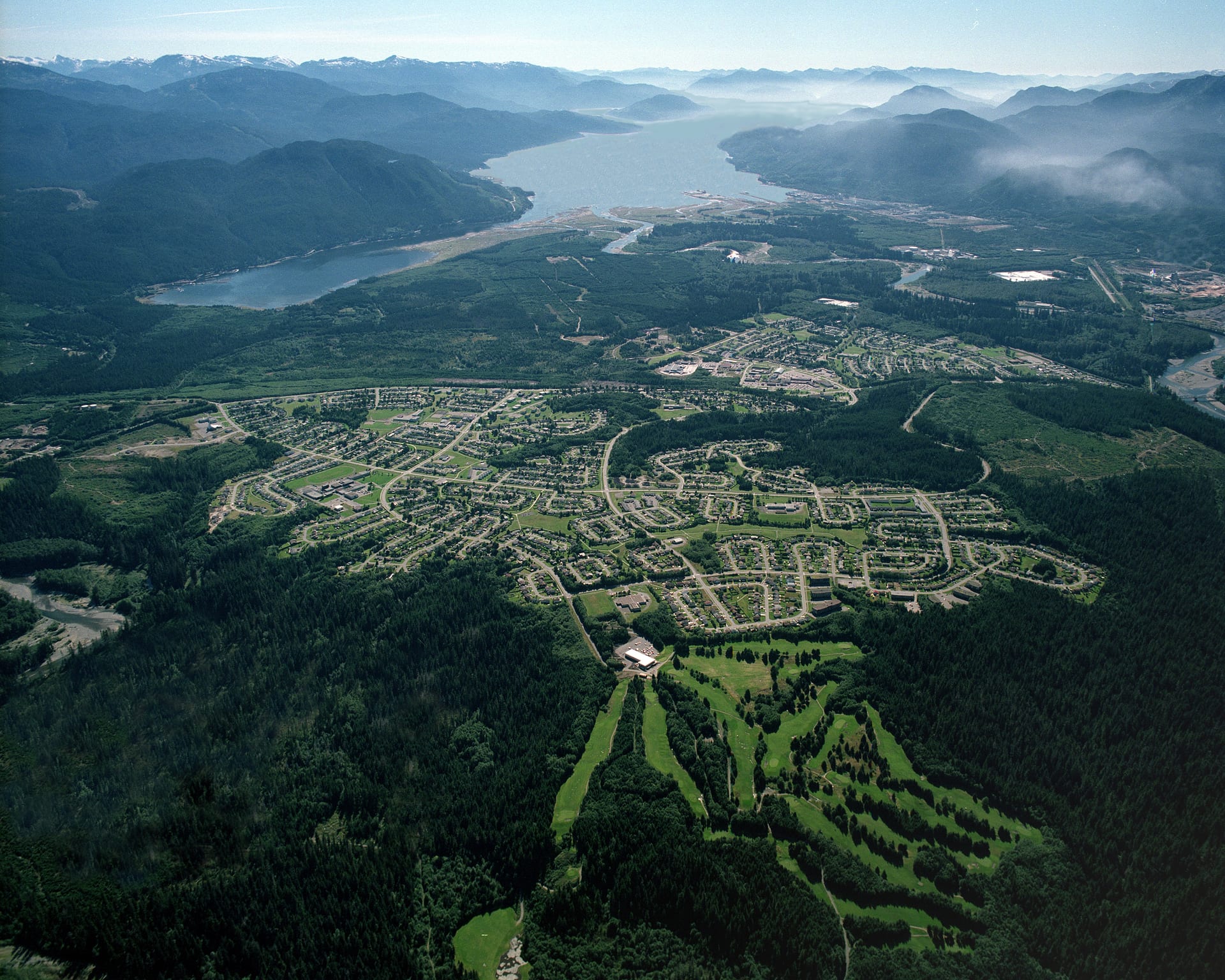 Aerial view of Kitimat townsite and the Douglas Channel on the British Columbia coast