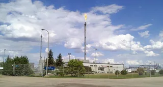 Imperial Oil Strathcona Refinery near Edmonton seen from the Baseline Road entrance with process units and stacks