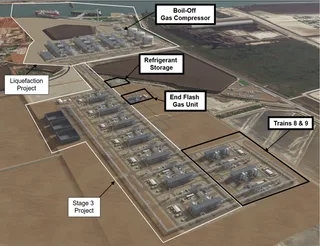 Aerial view of Cheniere Corpus Christi LNG facility liquefaction trains and refrigerant storage in San Patricio County Texas
